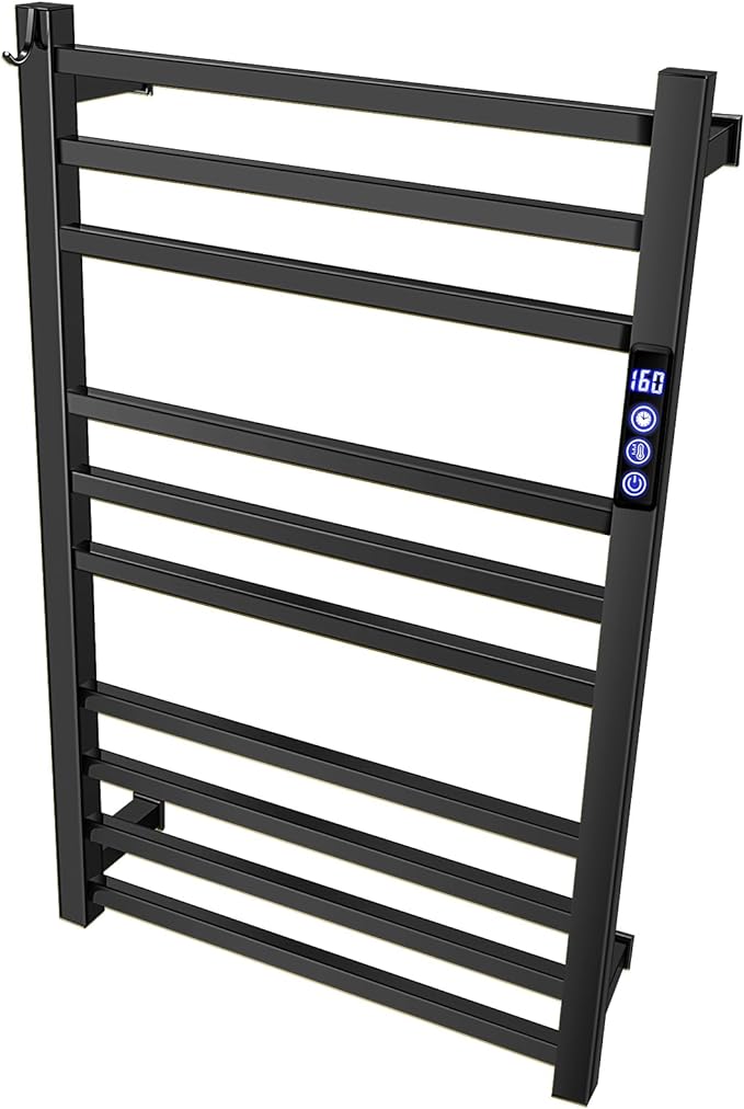 XBVV Black Towel Warmer Rack for Bathroom with Timer/Fahrenheit Display Electric Heated 10 Bars Drying Rail Plug-in or Hardwired Wall Mounted Heating Bath Towel Warming(Matte Black)