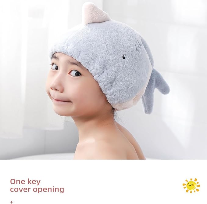 Hair Drying Towel for Kids Girls, Cute Cartoon Absorbent Quick Drying Bath Wrap Set for Bathing, Spa, Swimming Pool, Soft Microfiber Cap for Curly Long & Wet Hair, Blue