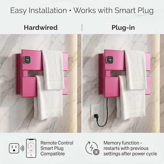 Electric Towel Warmer, Heated Towel Rack with Thermo Control and Timer, Fast Heating Towel Rail for Bathroom with Memroy Function, Work with Smart Plug, Left-Wiring, 2 Panel, Pink