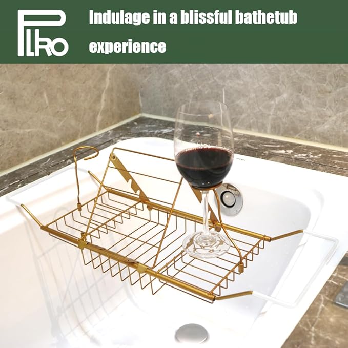 PLKO Bathtub Tray,Stainless Steel Shower Bathtub Caddy Tray with Removable Book Holder Red Wine Rack Holder, for Home Kitchen Bathroom,Gold