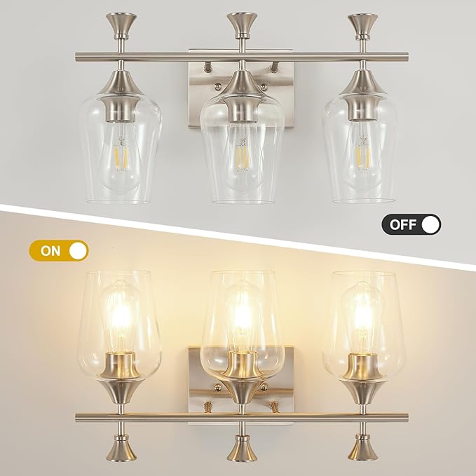 Bathroom Light Fixtures (3-Light, 19 Inch), Brushed Nickel Vanity Lights for Bathroom with Clear Wine Glass Glass Shade, Modern Vanity Wall Lights for Mirror Bedroom Living Room Kitchen Hallway Porch
