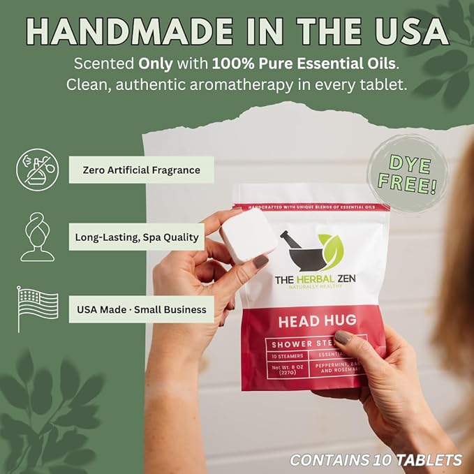 Head Hug Shower Steamers Aromatherapy for Relief - USA Made Mothers Day Gift for Mom - Peppermint & Rosemary Shower Bomb Tablets – Soothing Natural Essential Oils (10 Pack)