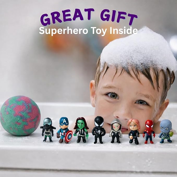 EvolutionUSA 6 Purple Epic Superhero Bath Bombs for Kids – Childrens Super Hero Bath Bombs Toy, Organic Bathbomb with Surprise, Superhero Bath Fizzers, Lush Bathbombs Birthday, Christmas, Easter