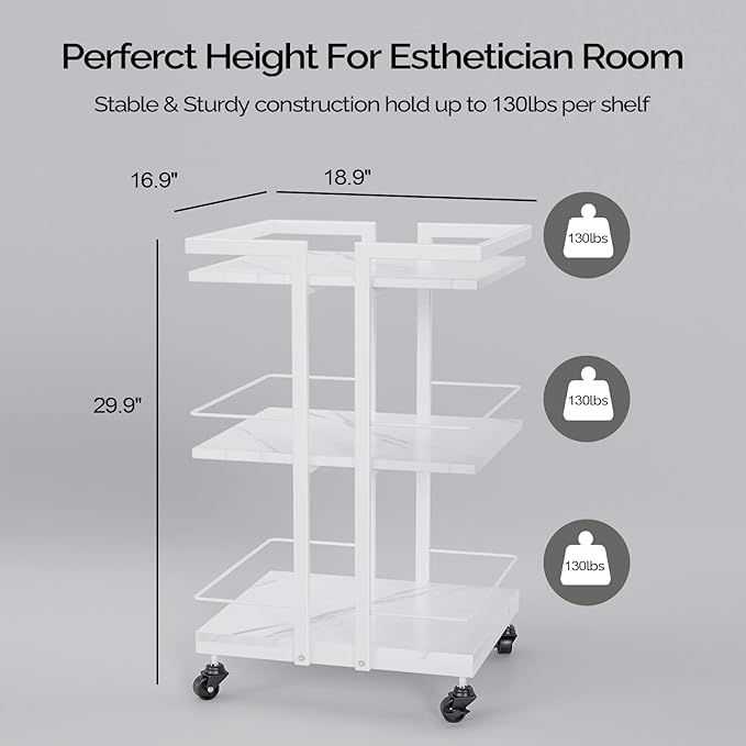 Esthetician Cart with Wheels Utility Salon Rolling Trolley, White Mobile Storage Organizer for Beauty Spa Cosmetology Massage, Tattoo Manicure Facial Tool Holder Station