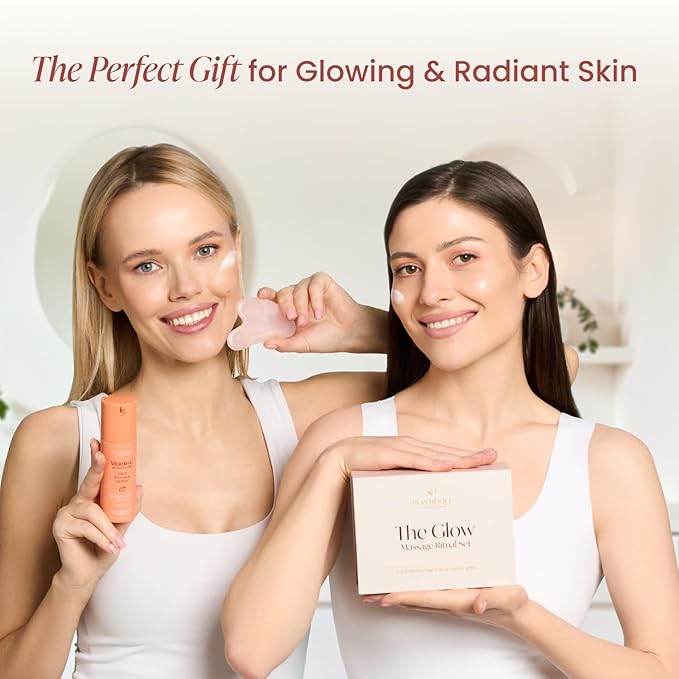 PLANTIFIQUE Massage Set: Rose Quartz Gua Sha & Vitamin C Face Serum Korean with Collagen and Peptides for Hydrated & Glowing Skin (30ml) - Skincare Gifts for Women, Moms, Teens