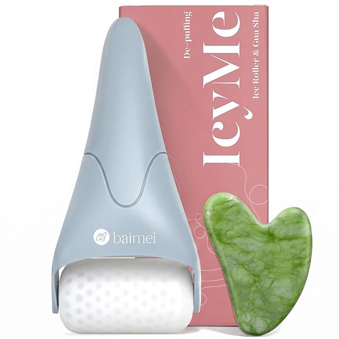 BAIMEI IcyMe Ice Roller for Face and Gua Sha Facial Tool Set, Ice Face Roller Reduces Puffiness Skin Care Tools, Self Care for Women - Bule