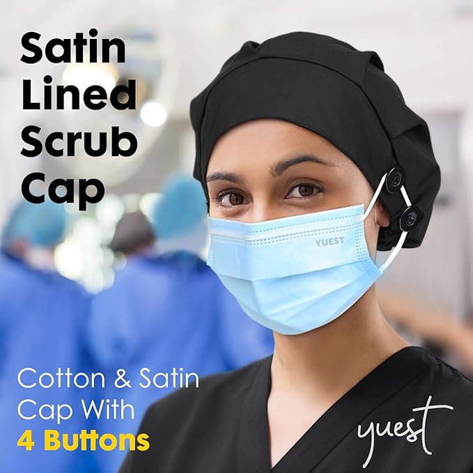 2 Pack Satin Lined Bouffant Scrub Caps with Buttons, Adjustable Scrub Caps for Women Men
