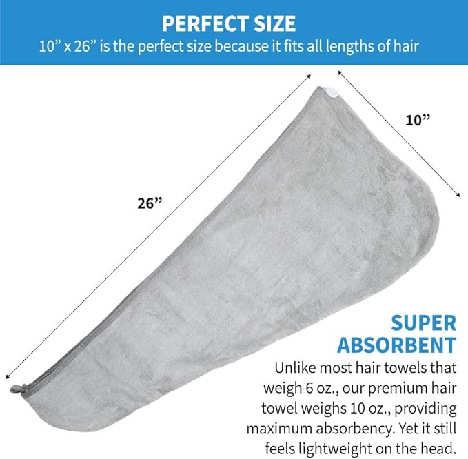 ForPro Professional Collection Premium Microfiber Hair Towel Wrap, 2-Pack Quick Drying Hair Turban for Women, 10" x 26", Cool Grey + Sky Blue