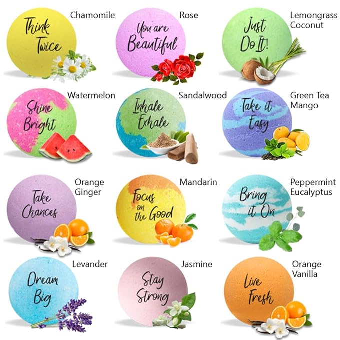 Bath Bombs for Women Relaxing with Inspirational Messages, 12 Natural and Organic Bath Bombs with Essential Oils & Skin Moisturizing Shea Butter. Birthday Gift, Mothers Day Gift for Mom, Wife