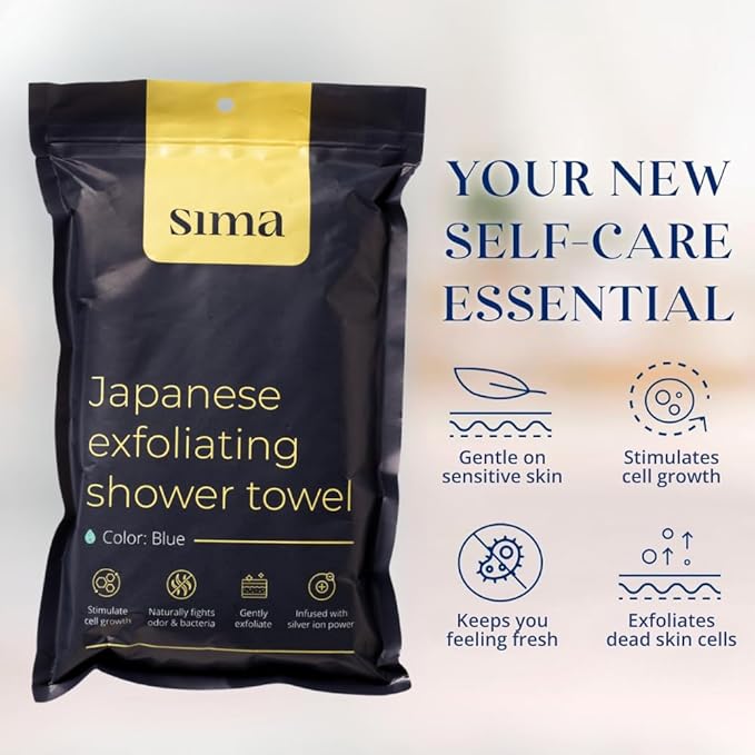 Sima Brand Exfoliating Washcloth Face & Body Scrub Towel - Japanese Exfoliating Towel with Hexagon Fibers, Body Scrubber with 2 Sides for Scrubbing & Washing, Extra Long Body Towels (Green)
