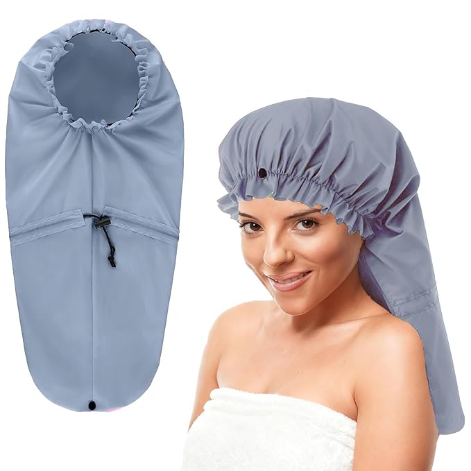 ELEBOX Extra Large Shower Cap for Braids/Curly Hair/Dreadlock | Reusable Waterproof Long Bonnets for Women Bath/Swim/Cooking/Cleaning/Spa | XL Bathing Cap with Adjustable Drawstring & Button, Grey