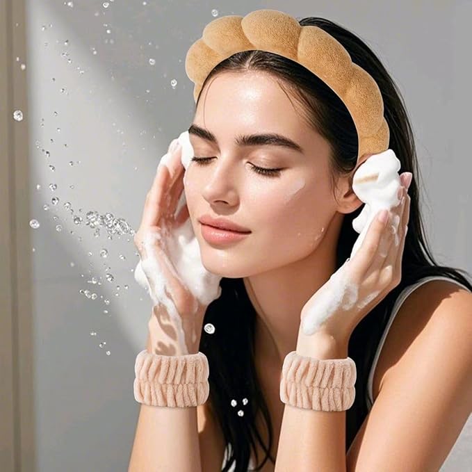 2Pcs Spa Headband for Washing Face & 1 Pair Wristband Set - Sponge Makeup Skincare Headband, Terry Cloth Bubble Soft Hairband, Puffy Padded Non-Slip Thick Hair Accessory for Women & Girls (Brown)
