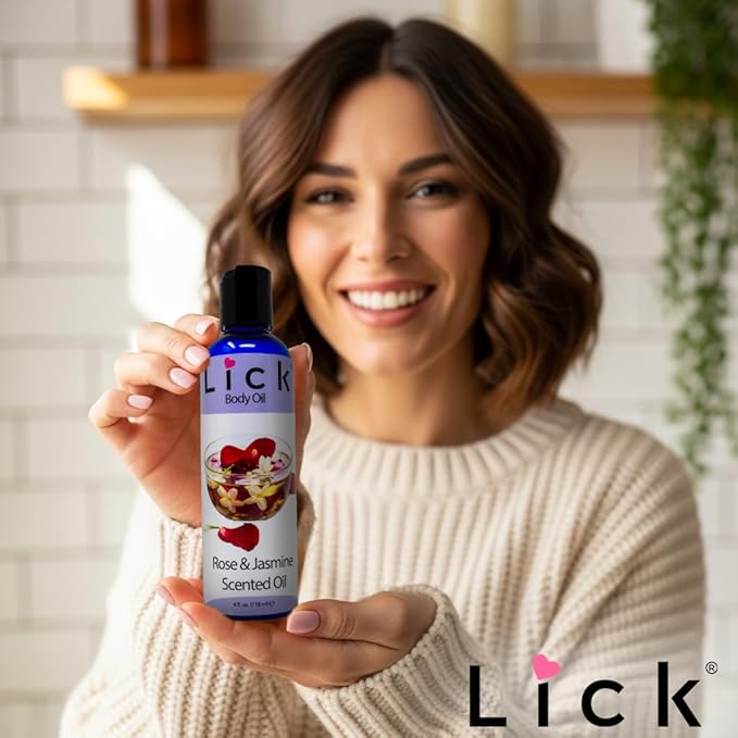 LICK Rose & Jasmine Floral Scented Body Oil – Lightweight Daily Hydration with Almond Oil & Vitamin E – 4 oz