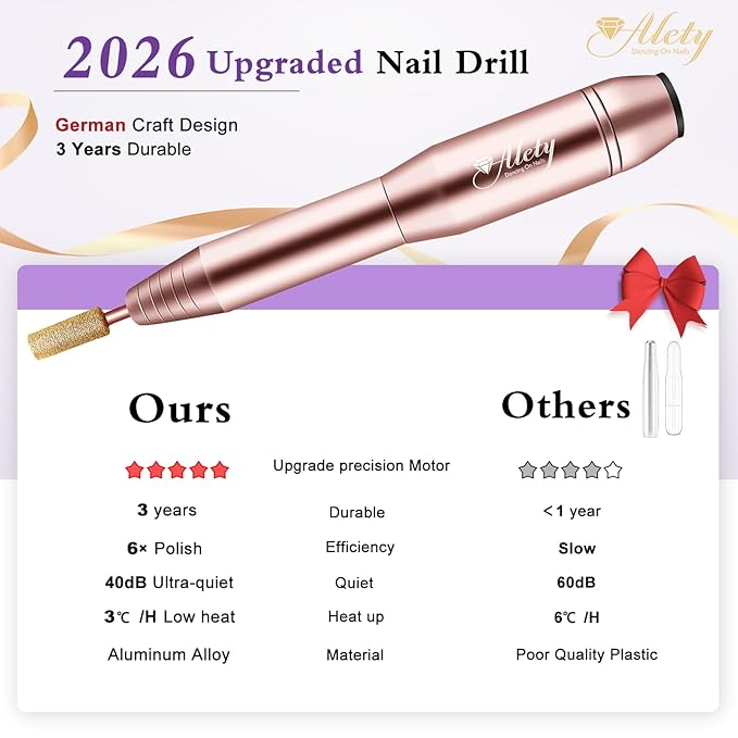 Alety Electric Nail Drill Kit - Portable File for Acrylic Gel Nails, Professional Machine Efile Manicure Pedicure Tools With Gold Drill Bits for Home Salon Use