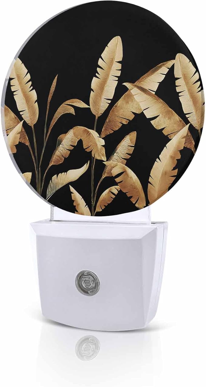 Night Lights Auto Sensor Golden Foliage Night Light Black Minimalist Leaf Round Lamp Plug-in LED Nightlights Dusk to Dawn for Living Room Bedroom Bathroom Hallway Wall Decor