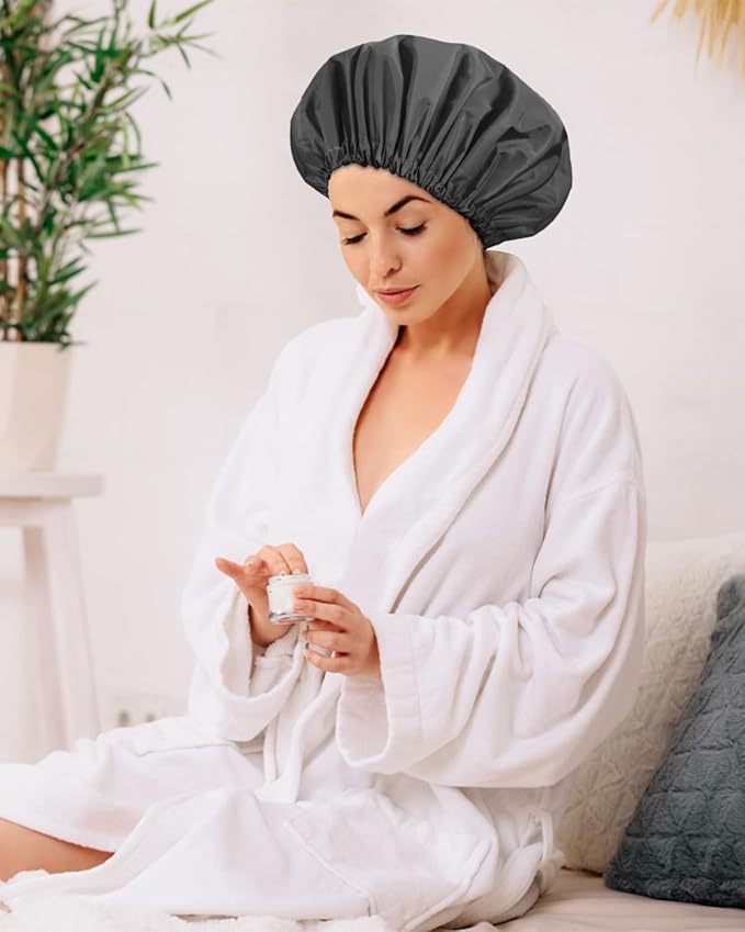 Aquior Shower Cap, Reusable Shower Cap for Women,Men, Waterproof Layer Hair Cap, Large Size for Long Hair, Braids, Curly, or Short Hair, for Girls Spa Home Salon Use (Black)