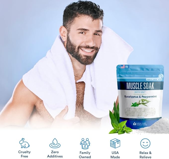 Muscle Soak Bath Salt 32 Ounces (2 Lbs) Epsom Salt with Natural Peppermint and Eucalyptus Essential Oils Plus Vitamin C in BPA Free Pouch with Easy Press Lock Seal Made in USA