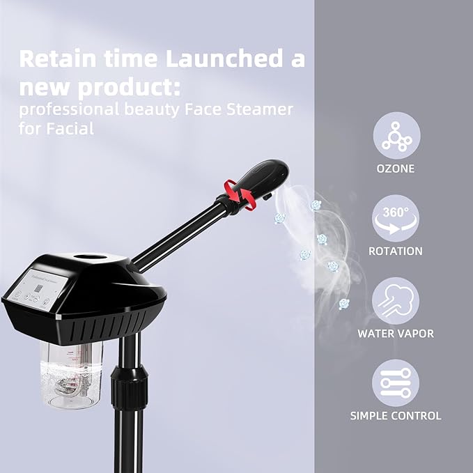 Retain time Facial Steamer, Face Steamer on on Wheels with More Steam, Adjustable Height for Face Steamer Suitable for Personal Home and Professional Personal Care Places，Moisturizing and Hydrating.
