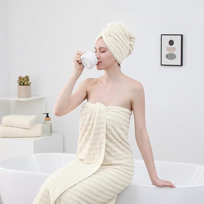 KBY Bath Towels Set 6 Piece 40x80 Inches，2 Extra Large Bath Sheets 2 Hand Towels 2 Washcloths，Highly Absorbent Quick Dry Microfiber,Ultra Soft Towel Set for Bathroom，Spa，Gym， Hotel (Cream)