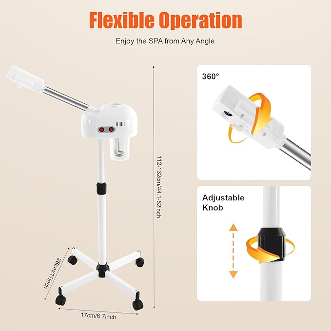 Professional Facial Steamer, Hot Ozone Face Steamer on Wheels for Facial, Adjustable Height, 360° Rotatable Nozzle, Vaporizador Facial Steamer for Esthetician, Height Adjustable, SPA at Home (White)