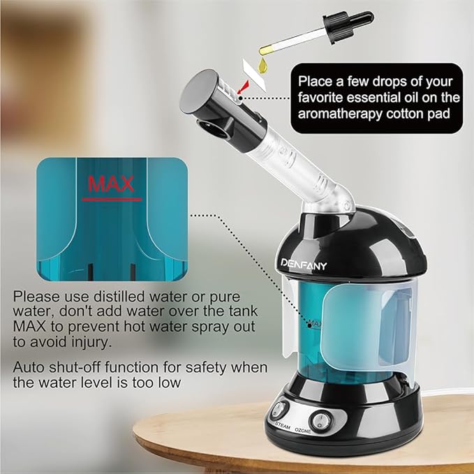 Facial Steamer - DENFANY Nano Ionic Face Steamer with Extendable 360° Rotating Arm - Portable Facial Steamer for Personal Care at Home or Salo （Black）