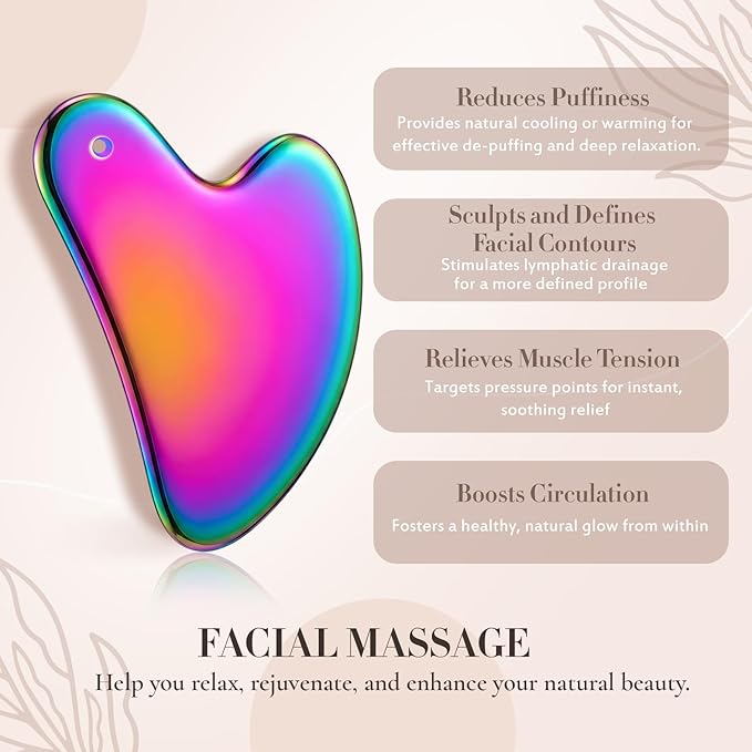 Nuanchu Stainless Steel Gua Sha Facial Tool, Metal Gua Sha for Lymphatic Drainage, Guasha Face Sculpting Double Chin Reduce with Pouch Mother Day Self Care Gift(Rainbow)