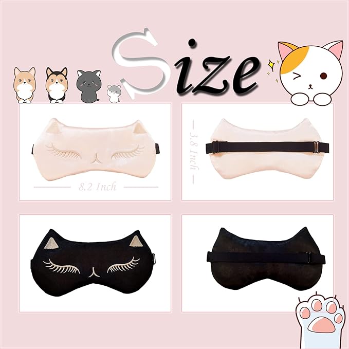 Cute Cat Sleep Mask for Kids, 2 Pack Silk Sleeping Eye Cover Adjustable Mask Night Eyeshade Cover for Girls Boys Women Men Sleep Travel Nap Party Supplies