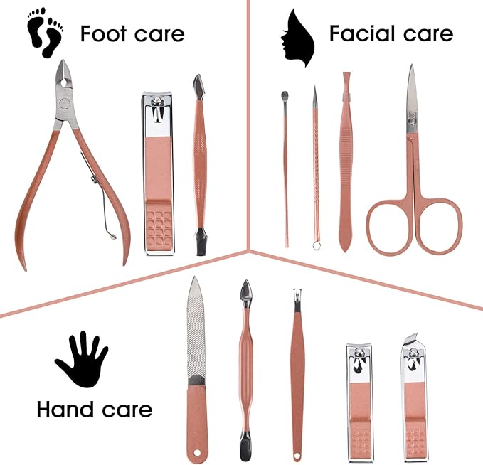 Nail Clippers and Beauty Tool Portable Set Manicure Set 12 in 1, with Pink Leather Bag, Suitable for Home, Workplace, Outdoor Travel, Gift Giving, Salon