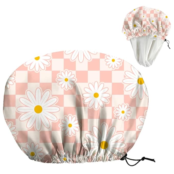 Pink Daisy Reusable Shower Cap Buffalo Check Double Layer Waterproof Shower Caps Large Elastic Hair Cover Adjustable Hair - Drying Caps for Woman Bath SPA Travel One Size Fits Most
