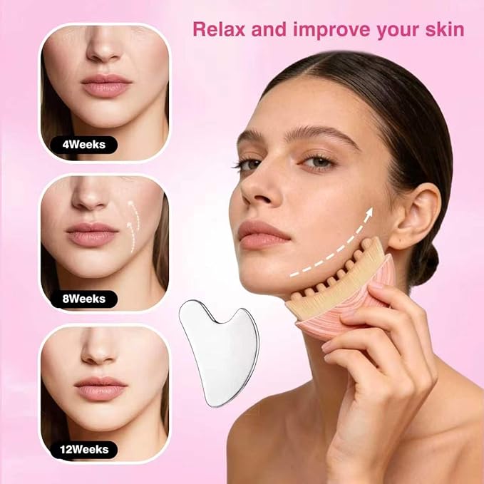 Lymphatic Contour Face Brush & Stainless Steel Gua Sha Tool Set – 2-in-1 Facial Massage Kit for Jawline Sculpting, Puffiness Reduction, Lifting & Relaxation, Lymphatic Drainage Brush with Storage Case