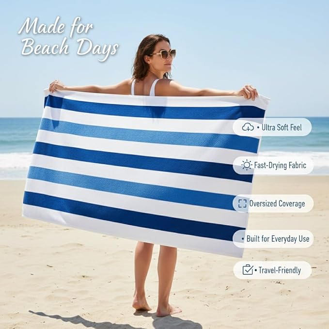 Premium Velour Cabana Beach Towel 2 Pack, 30” x 60” Soft Plush Cotton Pool Towel, Absorbent Quick Dry Towel for Beach and Pool (Riviera Stripe)
