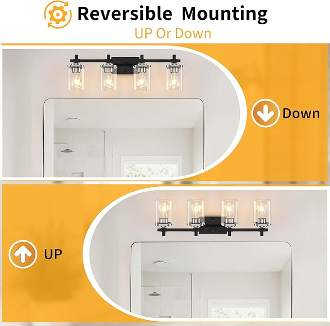 4-Lights Black and Brushed Nickel Vanity Lights with Clear Glass Shade, Bathroom Wall Light Fixtures, 30.3 Inch Large Vanity Lighting Fixture for Bathroom Mirror Living Room ﻿