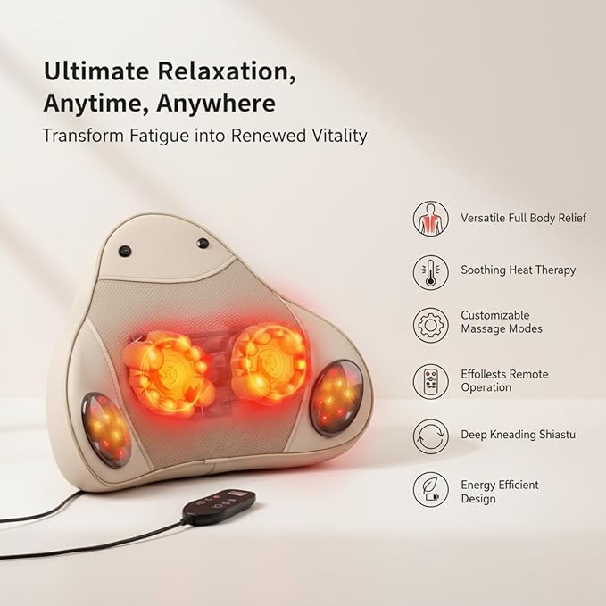 Back Massager with Heat, 4D Shiatsu Kneading Deep Tissue Electric Massager for Neck Shoulder Leg Back Pain Relief, Portable Rechargeable Cordless for Home Office Car, Gift for Men Women Mom Dad