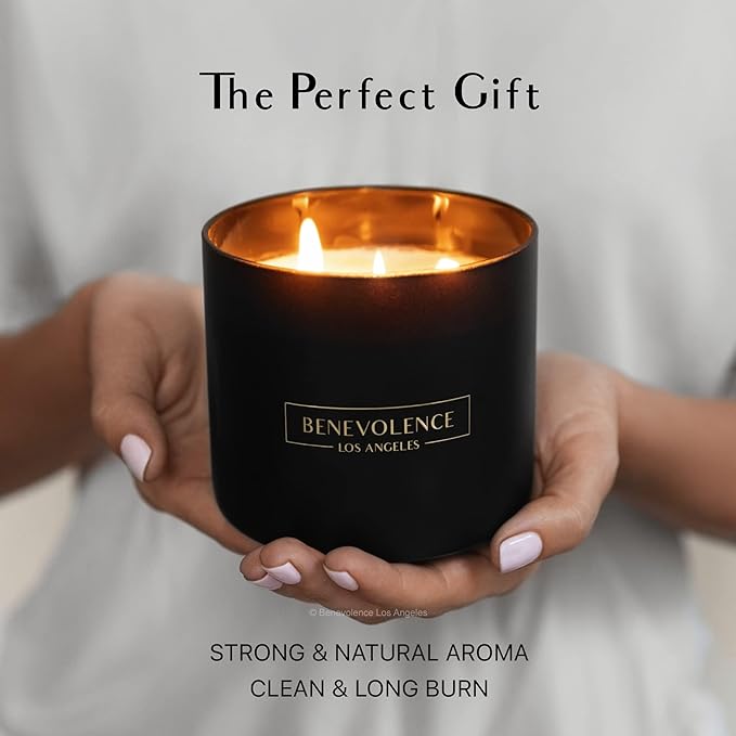 Benevolence LA 3 Wick Candle, Bergamot & Jasmine Large Christmas Scented Candles | Soy Candles | Holiday Candle Gifts for Women and Men | Home Fragrance | Aromatherapy | 14.5 Oz, 45 Hour Burn