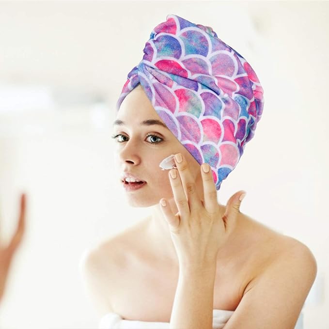 MADHOLLY Fast Drying Microfiber Hair Towel for Kids Women - 2 Packs Soft Super Absorbent Hair Towel Wrap with Button, Anti-Frizz Turban for Thicker Curly Long Hair, Mermaid Pattern Gift for Girls