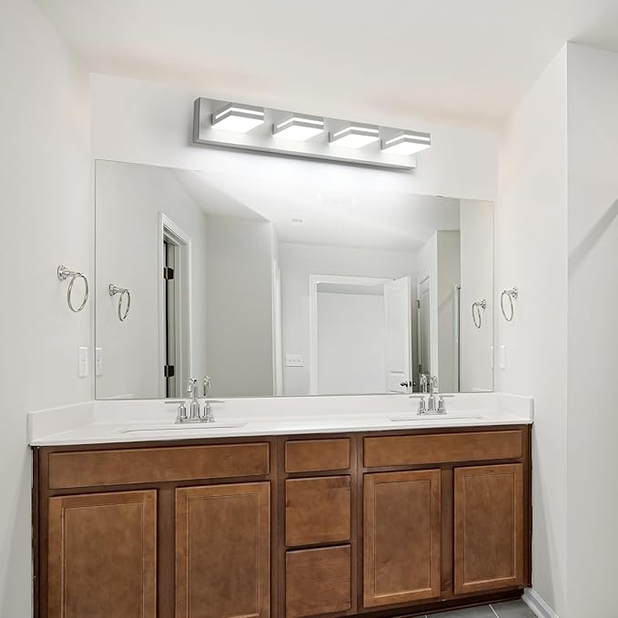SineRise LED Modern Bathroom Vanity Light Fixtures (4-Light, 30-Inch, Dimmable), Matte White Modern Acrylic Bathroom Wall Lighting Fixtures Over Mirror (Cool White 6000K)