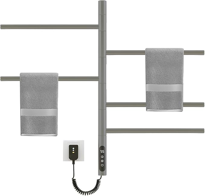 Rotatable Heated Towel Warmer,Plug-in/Hard-Wired Wall Mounted Electric Towel Warmer with Timer and Multi-Stage Temperature Regulation 2-3 Minutes to 131°F (Grey)