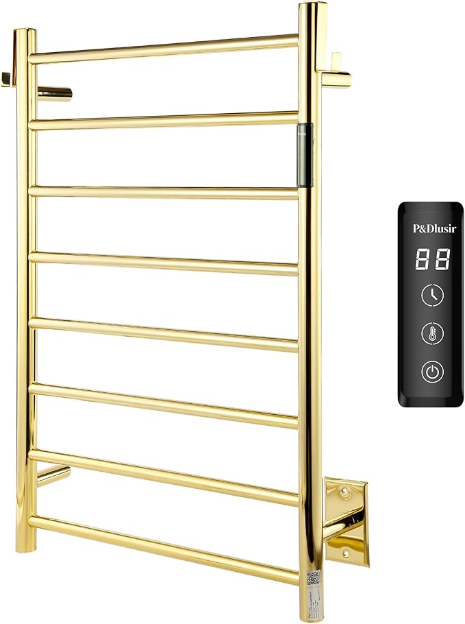 P&Dlusir Towel Warmer, Heated Towel Rack with Smart Timer and Thermo Control, Wall-Mounted Heated Towel Rail, Stainless Steel, Hard-Wired/Plug-in, Polished Gold, 8 bar