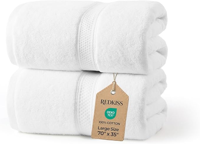 REDKISS 2 Pack 70"x35" Extra Large Cotton Bath Sheets - Soft Quick-Drying, Full Coverage for Tall or Plus Size Body Shower Towels for Bathroom, Pool & Yoga, Lightweight & Absorbent, White