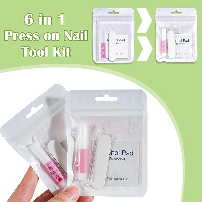 Press On Nail Tool Kit with Everything, Bebbtiy Press On Nail Prep Tool Kit Disposable Manicure Kit with Nail File, Nail Glue, Prep Pads, Adhesive Nail Tabs, Wood Stick, Packaging Bag (50pcs-white)