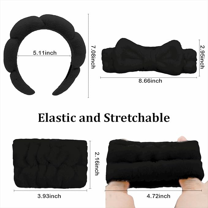 Black Spa Headband and Wristband Set with Bow for Washing Face, Skincare, Makeup - Sponge Cloud Headband for Women Girls