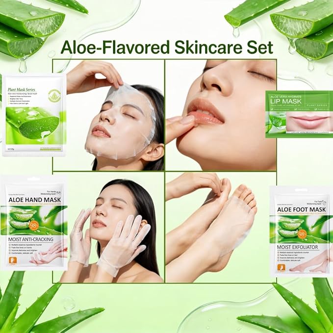 8 PCS Aloe Vera Moisturizing Mask Set - Hand & Foot + Face & Lip Masks, Dry Skin Comfort & Quick Hydration, Plant-Based Skincare Thoughtful Holiday Gift for Her, Suitable for All Skin Types,