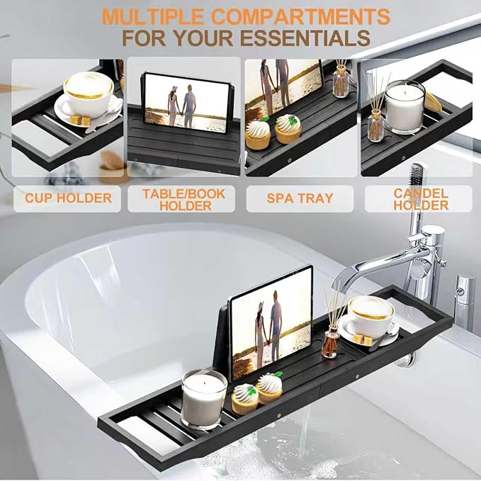 Bathtub Tray Caddy Black - Bath Tray Black - Bath Tub Table Tray Caddy - Bamboo Bath Tray for Tub
