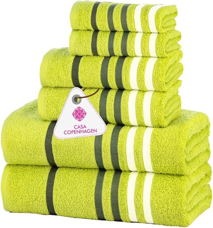 CASA COPENHAGEN Exotic 6Pcs 100% Egyptian Cotton Towels Gift Set- Lime Green, 550GSM, 2Bath 2Hand 2Washcloths, Towels for Bathroom (Box Pack, Set for Women & Men)