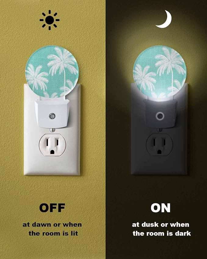 Night Lights Auto Sensor Tropical Palm Trees Night Light Teal Linen Coastal Round Lamp Plug-in LED Nightlights Dusk to Dawn for Living Room Bedroom Bathroom Hallway Wall Decor