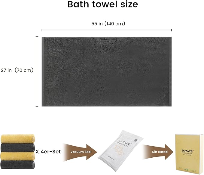 SEMAXE 4 Piece Yellow & Gray Bath Towel Set for Bathroom, 100% Cotton Bath Towels with Hanging Loop, 55 x 27 Inch, Soft Absorbent & Quick Dry, for Home
