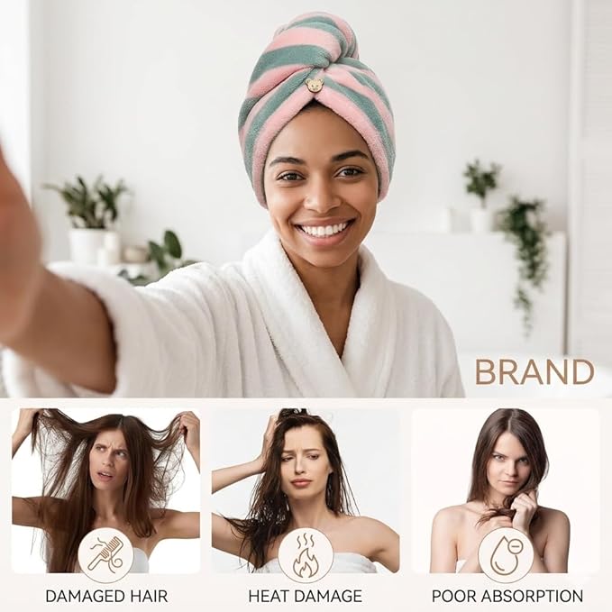 3 Pack Microfiber Hair Towel Wrap for Women, Fast Drying Hair Turban with Button, Anti-Frizz Large Hair Towel for All Hair Styles, Soft & Absorbent Hair Drying Towel