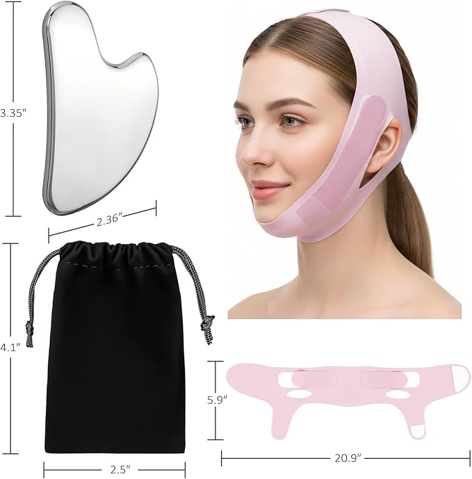 Stainless Steel Gua Sha Facial Tool & V Line Lifting Mask Set 2Pcs: Guasha Tool for Face Massage & Chin Strap for Sleeping, Skin Self Care Gifts for Women, Jawline Shaper, V Shaped Face Mask-Lilac