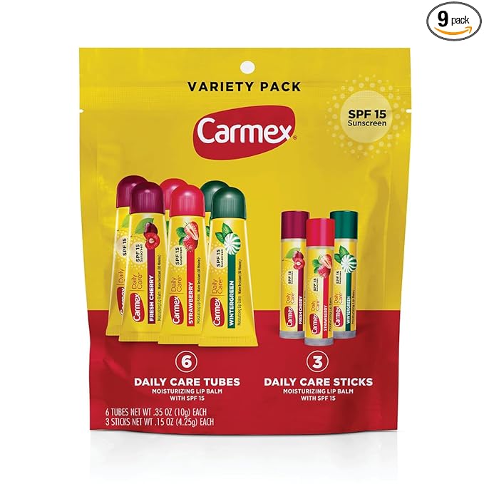 Carmex Daily Care Moisturizing Lip Balm Pack, SPF 15, Multi-Flavor Lip Care Variety Pack Bag, 9 Count (6 Tubes, 3 Sticks)