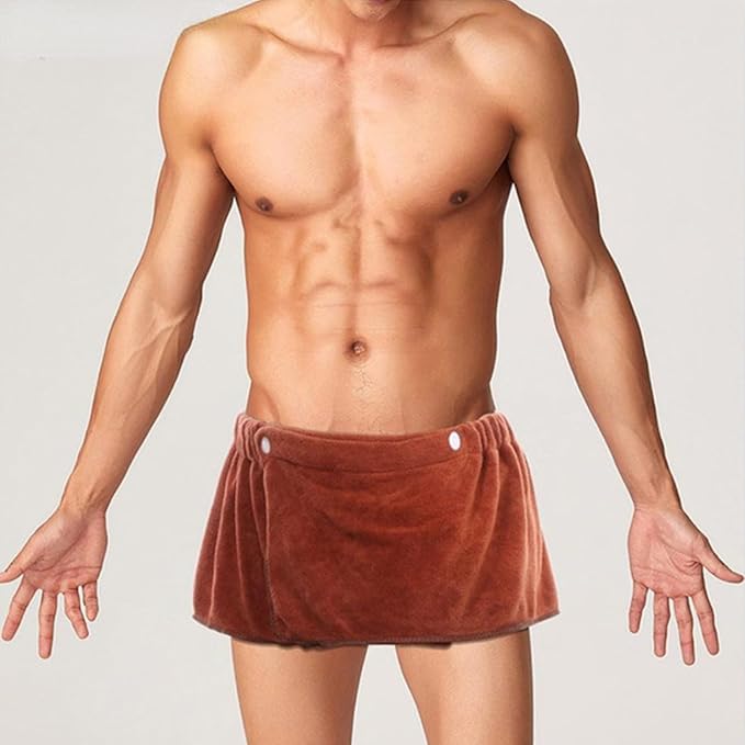 Men Boys Soft Wearable Bath Towel Short Pants Adjustable Mircofiber Towel Blanket Bathroom Pool Beach Spa Bathing Shower Cover Up Wrap Around Towel with Snap Closure (Brown)